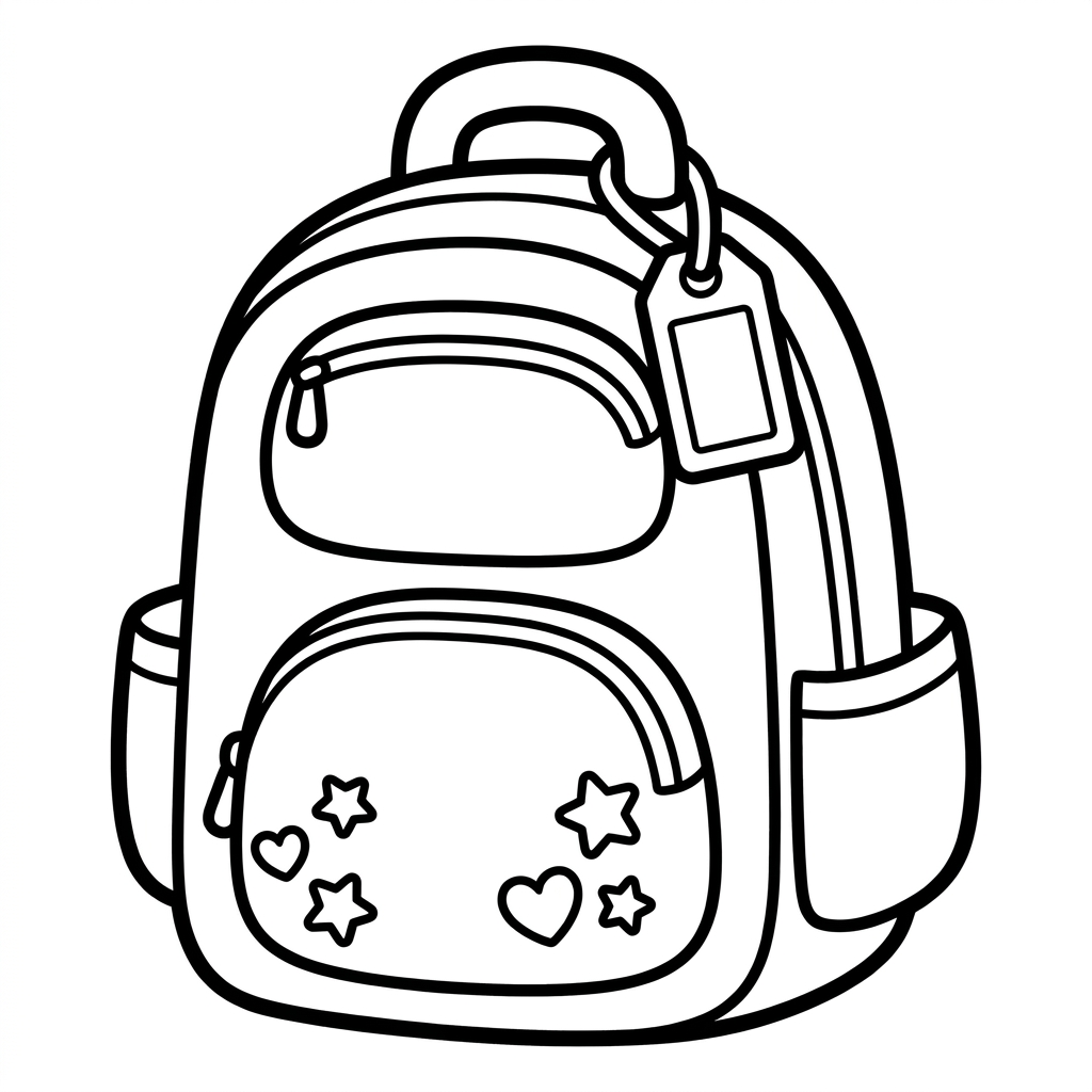 Welcome to preschool coloring page of a cute cartoon backpack with pockets, a name tag, and star decorations
